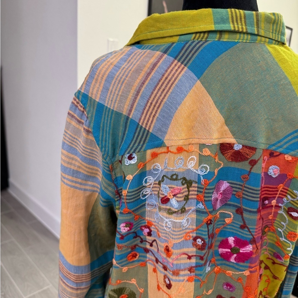 SOFT SURROUNDINGS Spring Summer Bright Heavily Embroidered Plaid Linen Blend - Picture 5 of 8